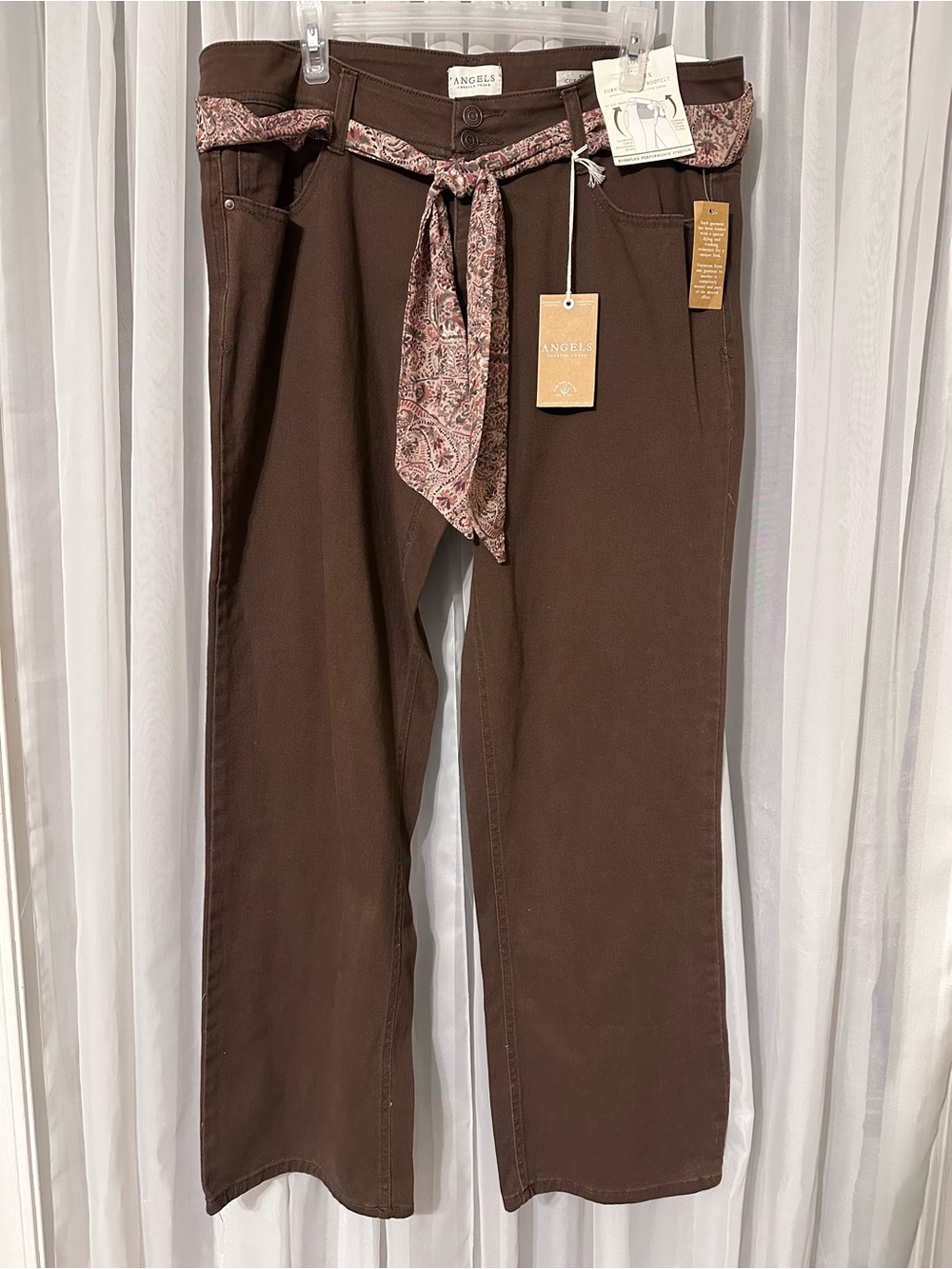ANGELS Curvy Bootcut Brown Jeans Pants With Paisley Tie Belt Size 16